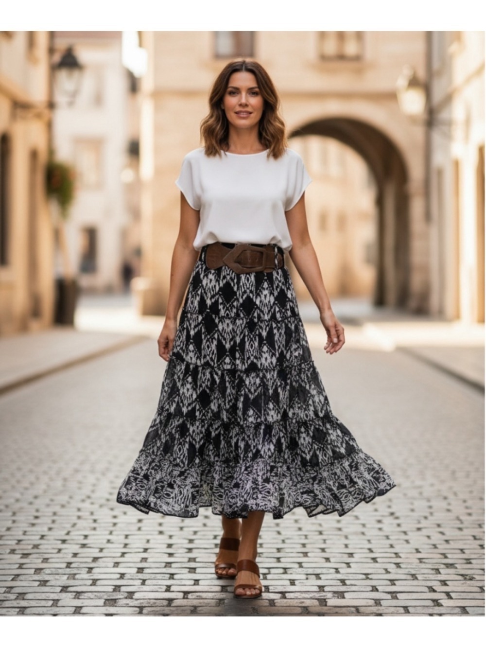 eci Black & White Ikat Print Maxi Skirt S (15” across waist)